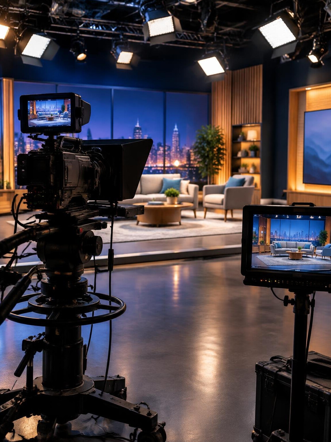 Video production set with cinema camera and lights